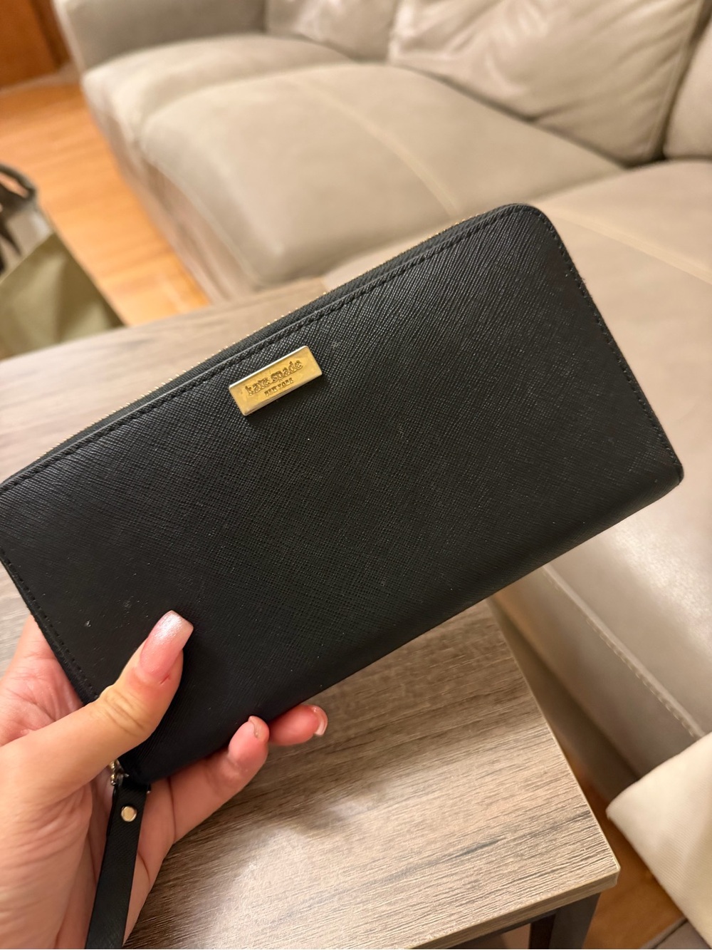 kate spade Black Saffiano Zip Around Wristlet Wallet with Gold Plate
